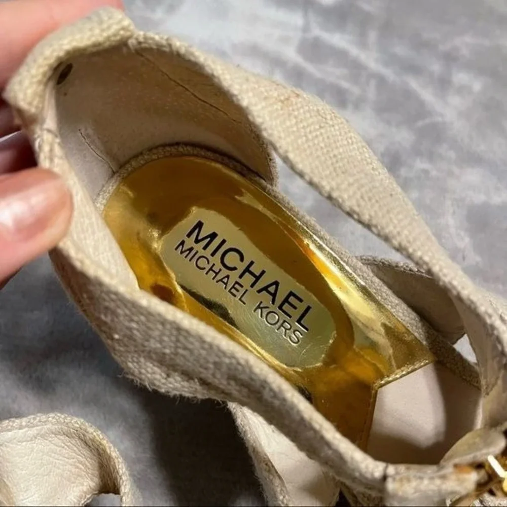 Michael Kors Espadrille Platform Wedge Sandals 8.5 Beige Women Canvas Jute Zip